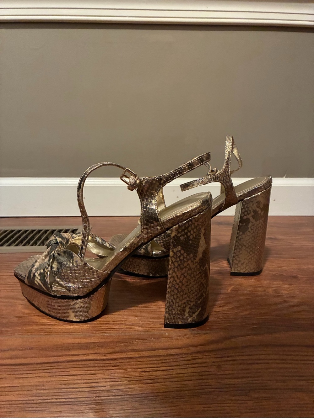 Guess Gold Snakeskin Platform Block Heel Sandals